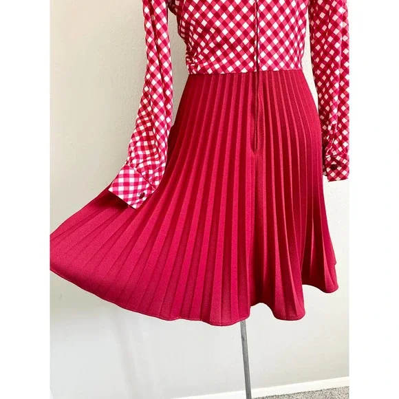 Vintage 60s 70s Red Check Skater Accordion Pleated Dagger Collar Mod Red Dress - Picture 13 of 15
